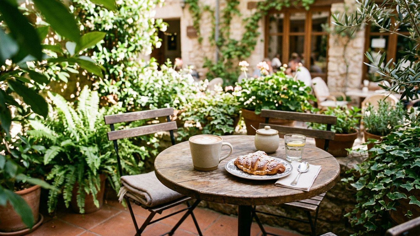 A latte and an almond croissant on a wooden table in a leafy courtyard