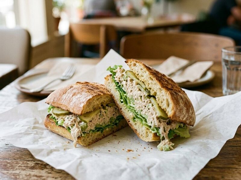 A stacked tuna salad sandwich on toasted ciabatta, cut in half