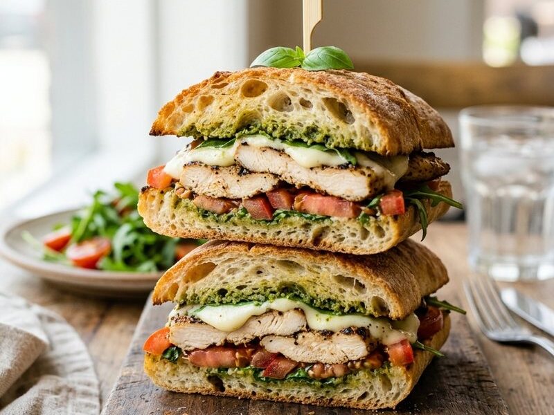A grilled chicken pesto sandwich with mozzarella and tomato on ciabatta