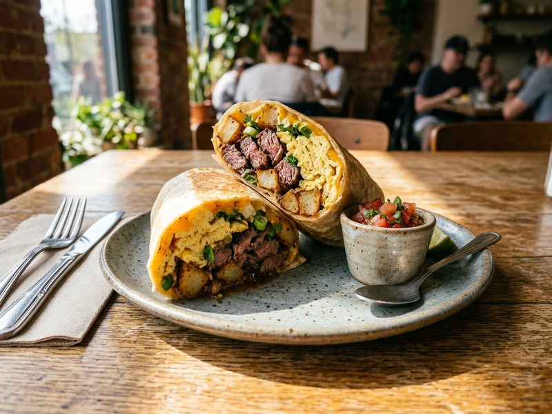 A breakfast burrito cut open to show steak, egg and potatoes